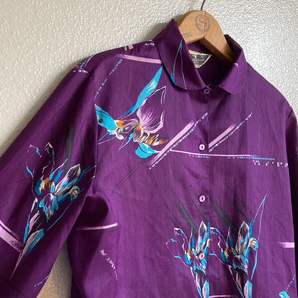 Vintage 70s 60s Alex Colman Button Front Floral Disco Long Sleeve Shirt sz M/L